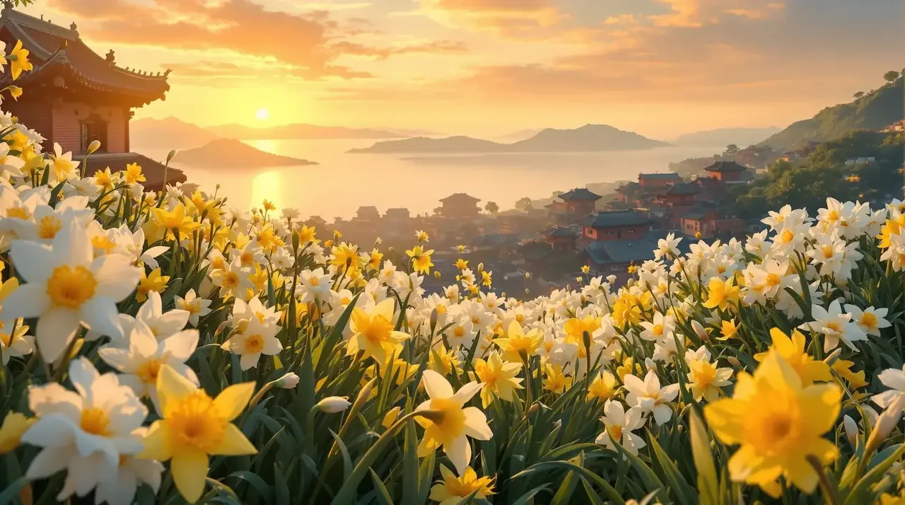 神马午夜福利主题背景——水仙白黄花海与闽南红砖古厝、台海晨雾